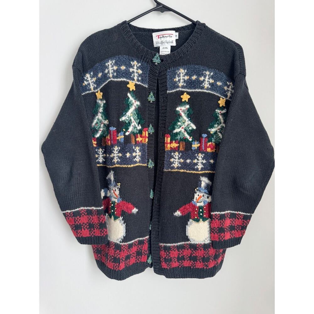 VTG Talbots Ugly Christmas Cardigan Snow Man Tree